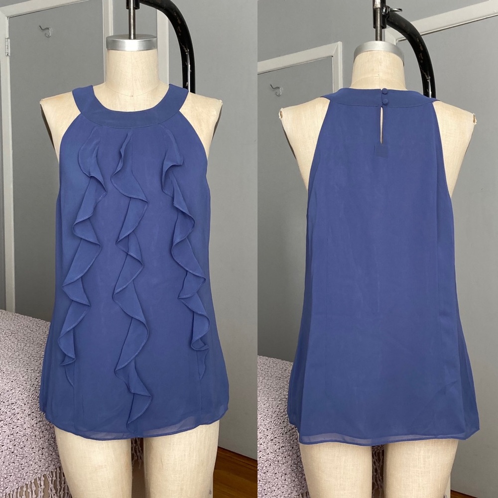 Womens Ann Taylor sleeveless ruffled blouse in blue, size 8